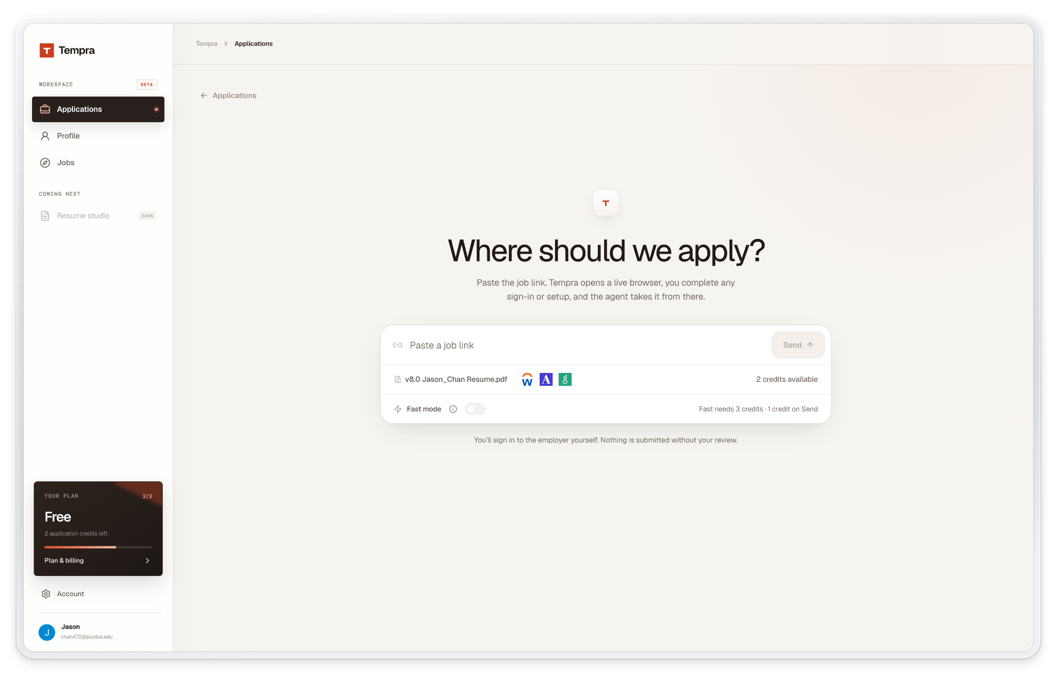 Tempra's Applications workspace with a job-link composer, resume upload, and Applications, Profile, and Jobs navigation.